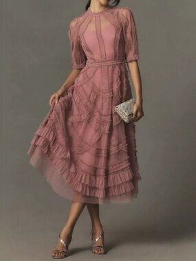 Mac Duggal 8058 Rose Pink Short Sleeve Tulle Ruffle Tiered Midi Dress - Sz 4 NWT